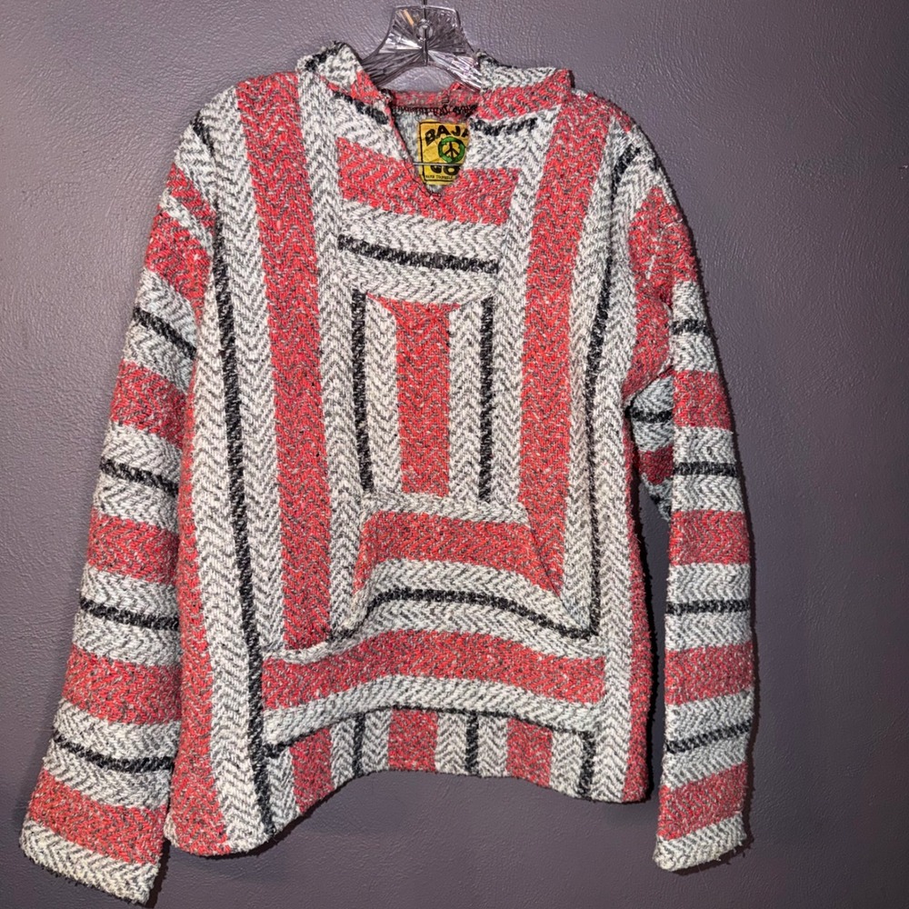 Baja Joe Hooded Pullover Poncho Hoodie Striped Hippie Boho Sz M unisex